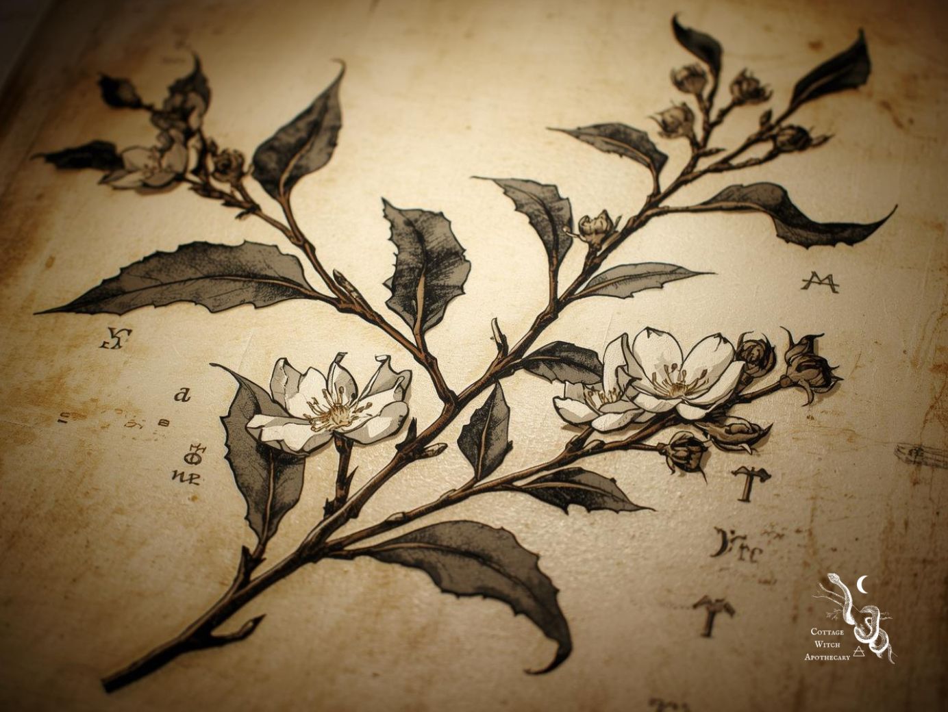 Detailní ilustrace květu hlohu s trny v magickém stylu